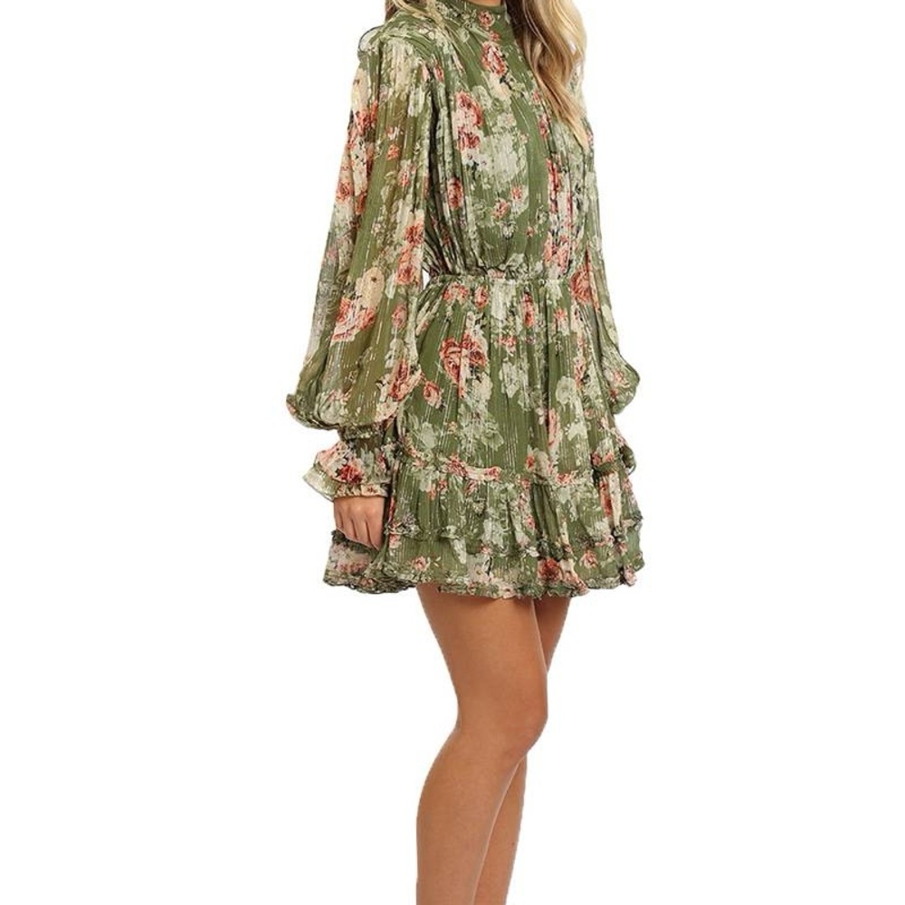 HEMANT & NANDITA Olive Floral Long Sleeve Dress